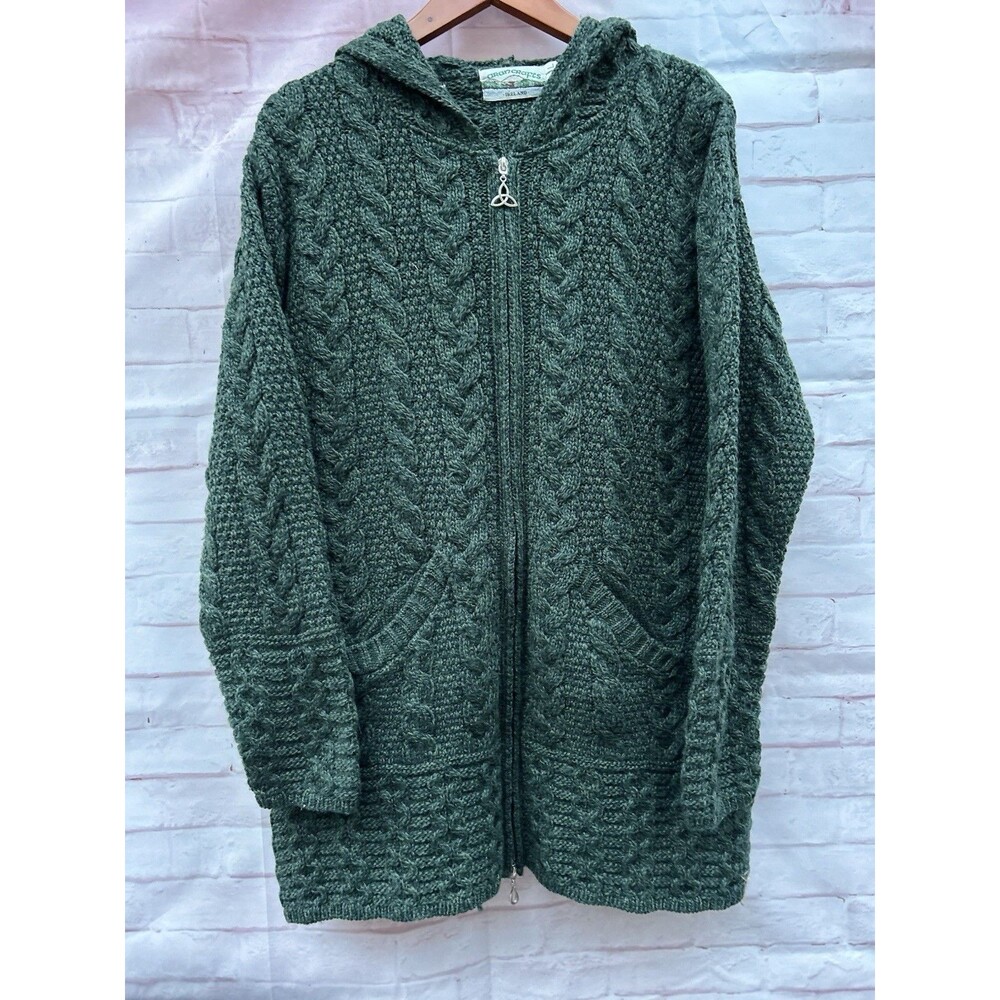 Aran Crafts Green Cable-Knit Hooded Zip Cardigan